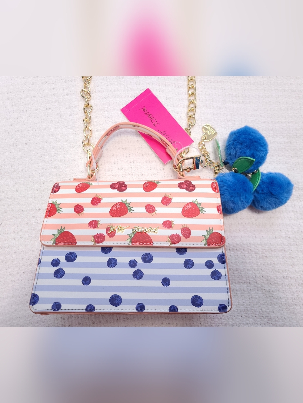 Betsey Johnson XOX Strawberries and Blueberries Crossbody With Bag Charm NWT
